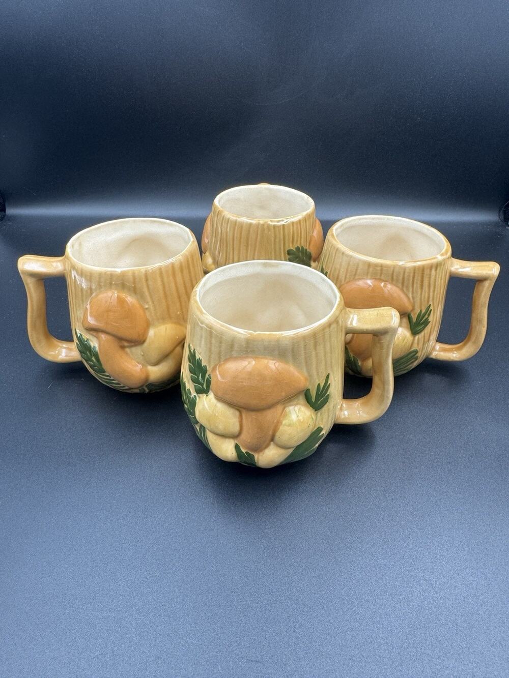 Vintage Arnel's Mushroom Coffee Mugs Set of 4 Retro 1970s Ceramic Cottagecore